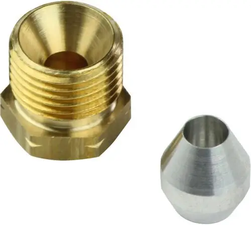 Zwei Metallteile, eines aus Messing mit Innengewinde und eines aus Aluminium in konischer Form. Eignet sich möglicherweise für Anwendungen von Bosch.